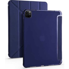 Case 4U Apple iPad Pro 12.9 2021 (5.Nesil) Kalem Bölmeli Tri Folding Smart Standlı Pu Deri Arkası Yumuşak Silikon 360 Tam Koruma Lacivert