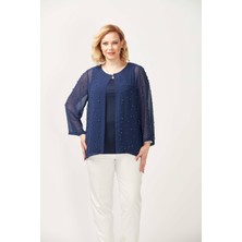 Moda Berray 1951 Lacivert Inci ve Taş Baskılı Şifon Büyük Beden Şık Ceket