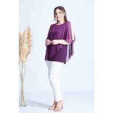 Moda Berray 4050 Mürdüm Taşlı Pelerinli Şifon Büyük Beden Şık Bluz