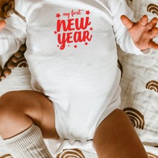 Minik Ayı My First New Year Ilk Yılbaşım Yeni Yıl Baskılı Bebek Alttan Çıtçıtlı Uzun Kollu Body Zıbın - Beyaz