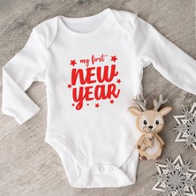 Minik Ayı My First New Year Ilk Yılbaşım Yeni Yıl Baskılı Bebek Alttan Çıtçıtlı Uzun Kollu Body Zıbın - Beyaz