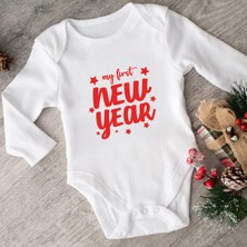 Minik Ayı My First New Year Ilk Yılbaşım Yeni Yıl Baskılı Bebek Alttan Çıtçıtlı Uzun Kollu Body Zıbın - Beyaz