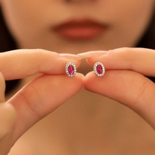 Ravza Gümüş 925 Ayar Gümüş Ruby Taşlı Oval Küpe