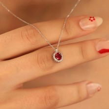 Ravza Gümüş 925 Ayar Gümüş Kırmızı Taşlı Yuvarlak Kolye