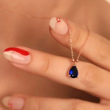 Ravza Gümüş 925 Ayar Gümüş Safir Taşlı Damla Kolye