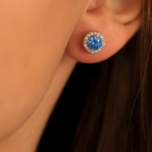 Ravza Gümüş 925 Ayar Gümüş Aquamarine Taşlı Yuvarlak Küpe