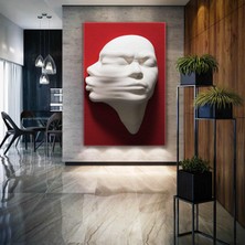 SML Tablo Kırmızı Duvardan Çıkan Alçı Görünümlü Heykel Öpüşen Romantik Çift Erkek Kanvas Tablo