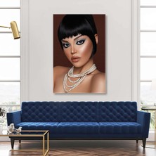 SML Tablo Mavi Tonlarında Makyajlı Inci Kolyeli Vintage Make Up Kuaför Kanvas Tablo