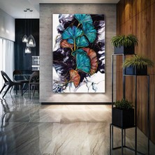 SML Tablo Mavi ve Kırmızı Yapraklar Mermer Deseni Altın Detaylar Dekorasyon Kanvas Tablo