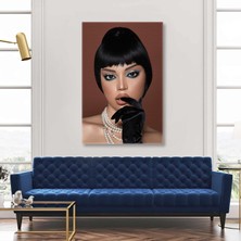 SML Tablo Mavi Tonlarında Makyajlı Inci Kolye Eldivenli Vintage Make Up Kuaför Kanvas Tablo