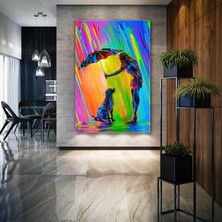 SML Tablo Şemsiyesiyle Köpeği Renkli Yağmur Damlalarından Koruyan Kadın Kanvas Tablo