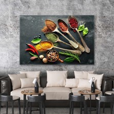 SML Tablo Bakır Kaşık Içerisinde Çeşitli Baharatlar Biber Kekik Mutfak Dekorasyon Kanvas Tablo
