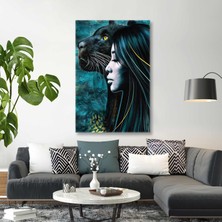 SML Tablo Siyah Panter ve Siyah Saçlı Kadın Fırça Izleri Güçlü Kadın Kanvas Tablo