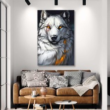 SML Tablo Sarı Gözlü Asi Yeleleri Uçuşan Beyaz Kurt Dekoratif Hayvan Kanvas Tablo