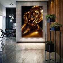 SML Tablo Gold Makyajlı Dudakları Pırıltılı Manken Make Up Dekoratif Kanvas Tablo
