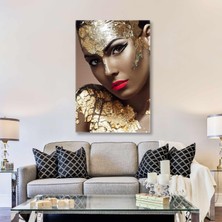SML Tablo Gold Makyajlı Kırmızı Rujlu Kadın Portre Make Up Lüks Kanvas Tablo