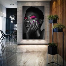 SML Tablo Pembe Göz Makyajı Simli Mor Ojeli Kadın Siyah Beyaz Make Up Kanvas Tablo