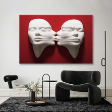 SML Tablo Kırmızı Duvardan Çıkan Alçı Görünümlü Heykel Öpüşen Romantik Çift Kanvas Tablo