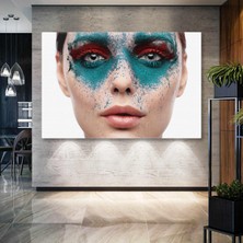 SML Tablo Mavi ve Kırmızı Toz Göz Makyajlı Kadın Make Up Güzellik Salonu Kanvas Tablo