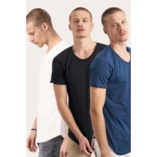 Cool Tarz 3'lü Paket Beyaz-Siyah-Lacivert Pis Yaka Salaş T-Shirt