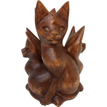 Boho Bazzar Ahşap El Yapımı 4'lü Aile Kedi Biblo 16*12CM