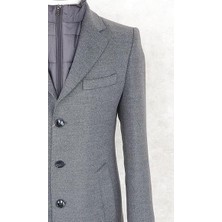 Jan Carlucci Erkek - Slim Fit - Gri - Çıkmalı Ceket Yaka - Içi Kapitoneli -Tek Yırtmaç - Dizüstü Kaşe Kaban