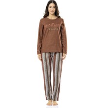 Poleren Sıfır Yaka Altı Çizgili Kışlık Bayan Pijama Takım