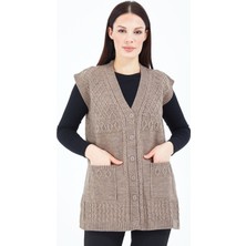 Fresh Moda Kadın  Vizon  V Yaka Düğmeli Cepli Örgü  Yün Anne Triko Yelek