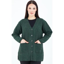 Elçelya Moda Kadın Haki Yeşil V Yaka Düğmeli Cepli Örgü Yün Anne Triko Kısa Hırka