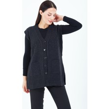 Elçelya Moda Kadın  Siyah V Yaka Düğmeli Cepli Örgü  Yün Anne Triko Yelek
