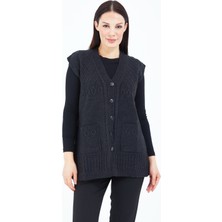 Elçelya Moda Kadın  Siyah V Yaka Düğmeli Cepli Örgü  Yün Anne Triko Yelek