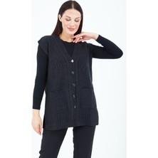 Elçelya Moda Kadın  Siyah V Yaka Düğmeli Cepli Örgü  Yün Anne Triko Yelek