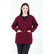 Elçelya Moda Kadın V Yaka  Bordo Düğmeli Cepli Örgü Yün Anne Triko Kısa Hırka