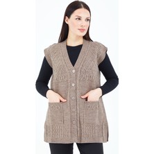 Fresh Moda Kadın  Vizon  V Yaka Düğmeli Cepli Örgü  Yün Anne Triko Yelek