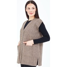 Fresh Moda Kadın  Vizon  V Yaka Düğmeli Cepli Örgü  Yün Anne Triko Yelek