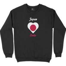 Cix Osaka Japonya Bayraklı Kalpli Siyah Sweatshirt