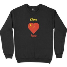 Cix Pekin Çin Bayraklı Kalpli Siyah Sweatshirt