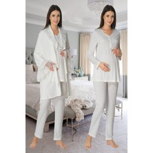 Effortt Effort Kadın Kışlık Ekru Kadife Sabahlıklı Lohusa Hamile Pijama Takımı 8088