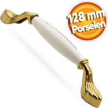Badem10 Elpedroso Lüks Porselen Mobilya Çekmece Dolap Kapak Kulpu Kulbu 128 mm Beyaz Gold