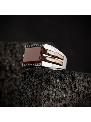 RevSilver Orijinal 925 Gümüş Erkek Yüzük Kaplan Gözü Akik ve Oniks Taşlı