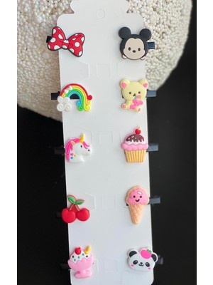 Queen Aksesuar 10 Lu Mini Figürlü Mickey Fiyonk Meyve Unicorn Dondurma Gökkuşağı Bebek Çocuk Toka Seti No1