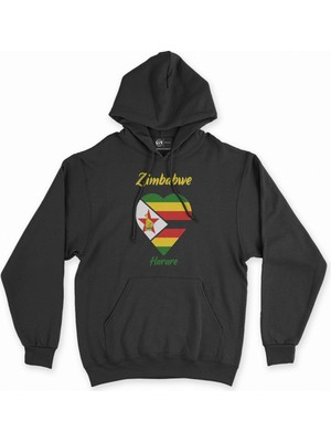 Cix Harare Zimbabwe Bayraklı Kalpli Siyah Sweatshirt Hoodie