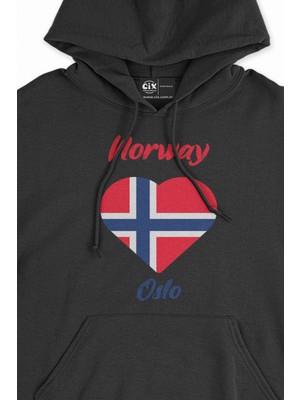 Cix Oslo Norveç Bayraklı Kalpli Siyah Sweatshirt Hoodie