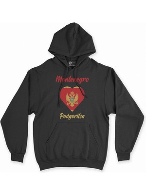 Cix Podgoritsa Karadağ Bayraklı Kalpli Siyah Sweatshirt Hoodie