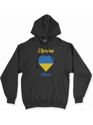 Cix Odessa Ukrayna Bayraklı Kalpli Siyah Sweatshirt Hoodie