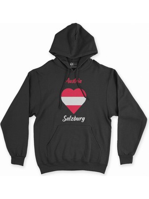 Cix Salzburg Avusturya Bayraklı Kalpli Siyah Sweatshirt Hoodie