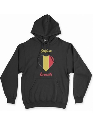 Cix Brüksel Belçika Bayraklı Kalpli Siyah Sweatshirt Hoodie