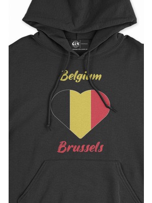 Cix Brüksel Belçika Bayraklı Kalpli Siyah Sweatshirt Hoodie