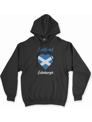 Cix Edinburgh Iskoçya Bayraklı Kalpli Siyah Sweatshirt Hoodie