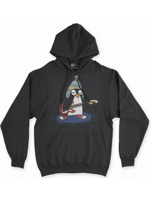 Cix Şapkalı Gitarcı Rocker Penguen Siyah Sweatshirt Hoodie